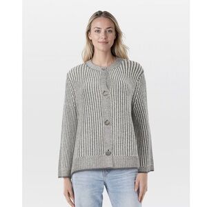 St. John Wool Blend Button Front Striped Cardigan in White/Grey, Size S